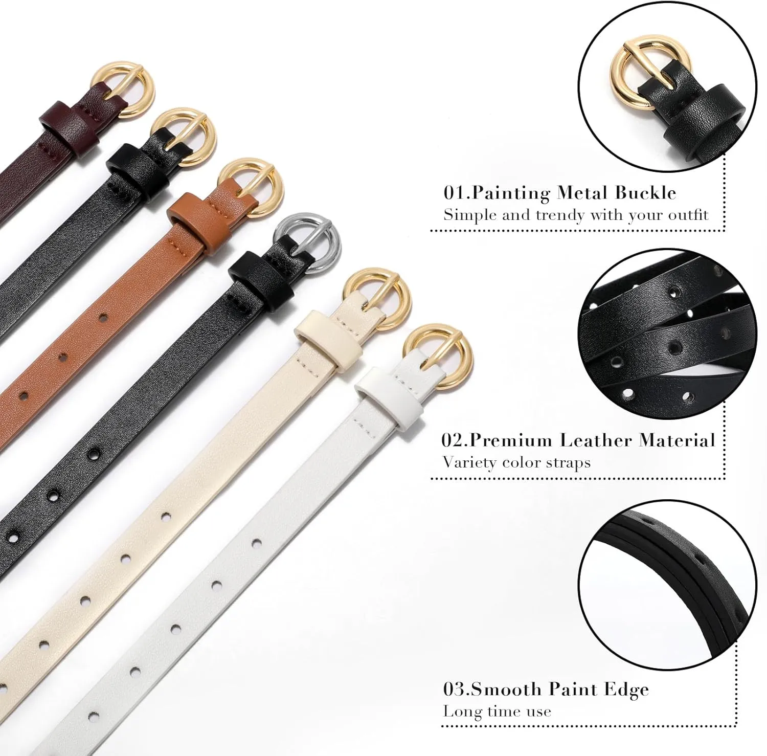 2 Pack Women Skinny Belts for Jeans Dress Thin Faux Leather Belt for Ladies with Adjustable Gold Buckle
