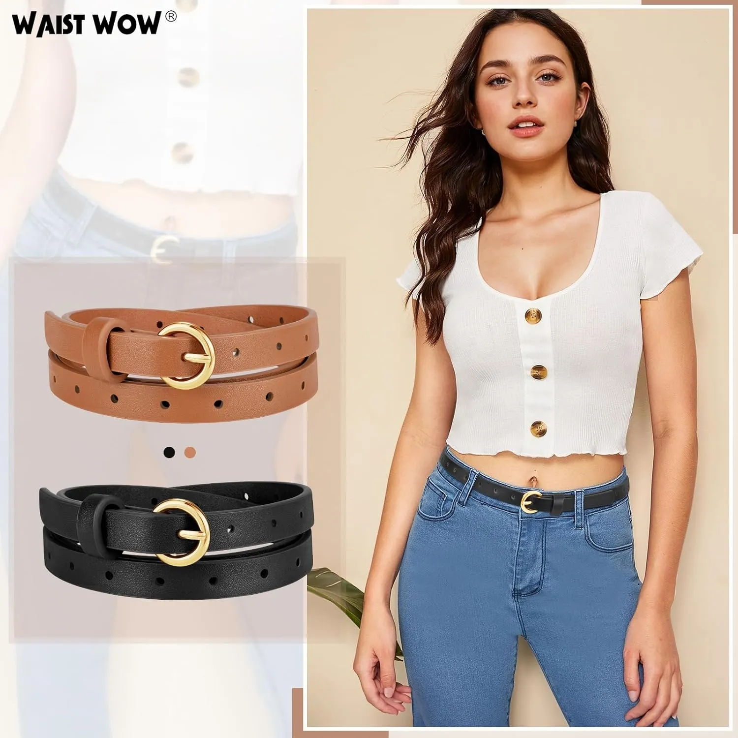 2 Pack Women Skinny Belts for Jeans Dress Thin Faux Leather Belt for Ladies with Adjustable Gold Buckle
