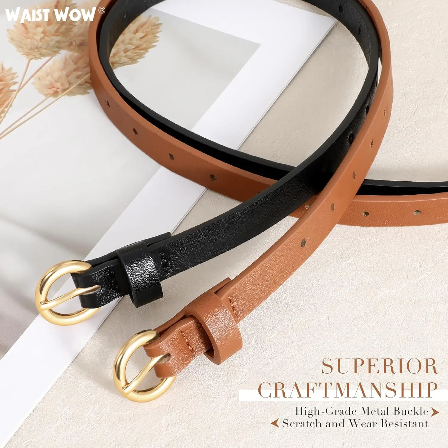 2 Pack Women Skinny Belts for Jeans Dress Thin Faux Leather Belt for Ladies with Adjustable Gold Buckle
