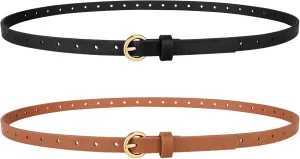 2 Pack Women Skinny Belts for Jeans Dress Thin Faux Leather Belt for Ladies with Adjustable Gold Buckle