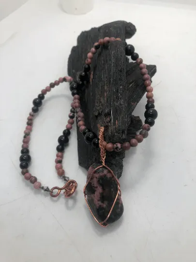 20 inch Rhodonite and Black Tourmaline Beaded necklace