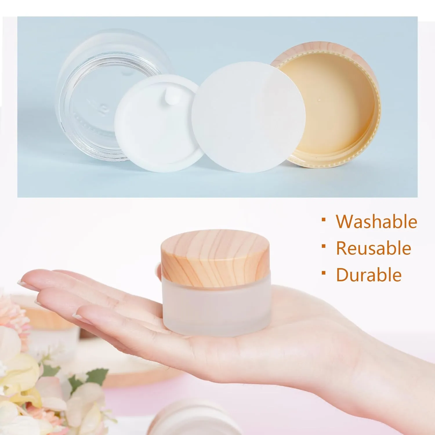 6Pcs Glass Cosmetic Containers with Wood Grain Lid Refillable Cosmetic Jar Frosted Glass Cream Container with Leak-proof Lid Empty Makeup Jar for Lotions,Creams,Scrub Cream,Home,Travel(50ml)