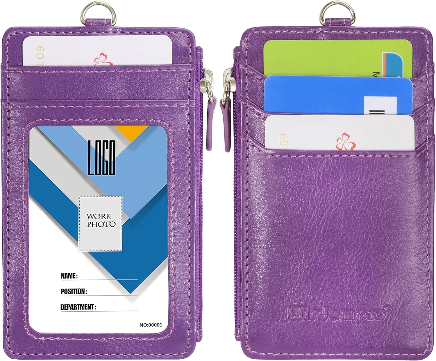 Badge Holder with Zip, Wisdompro School Supply 2-Sided Vertical PU Leather College ID Badge Holder with 1 ID Window, 4 Card Slots, 1 Side Zipper Pocket and 20 Inch Leather Neck Lanyard Strap - Purple