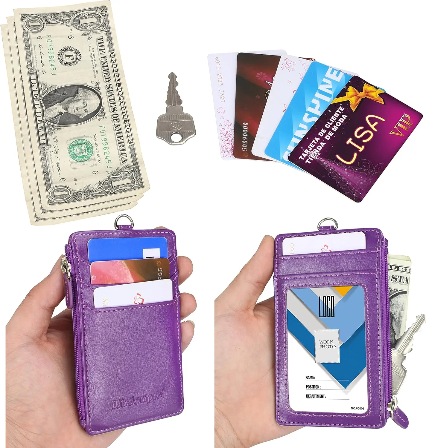 Badge Holder with Zip, Wisdompro School Supply 2-Sided Vertical PU Leather College ID Badge Holder with 1 ID Window, 4 Card Slots, 1 Side Zipper Pocket and 20 Inch Leather Neck Lanyard Strap - Purple