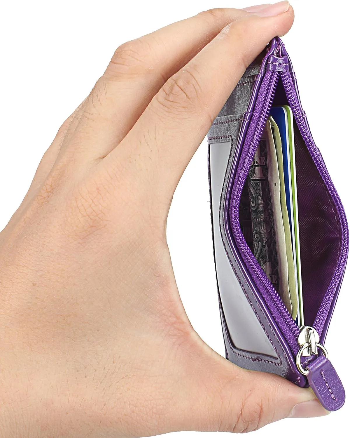 Badge Holder with Zip, Wisdompro School Supply 2-Sided Vertical PU Leather College ID Badge Holder with 1 ID Window, 4 Card Slots, 1 Side Zipper Pocket and 20 Inch Leather Neck Lanyard Strap - Purple