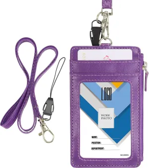 Badge Holder with Zip, Wisdompro School Supply 2-Sided Vertical PU Leather College ID Badge Holder with 1 ID Window, 4 Card Slots, 1 Side Zipper Pocket and 20 Inch Leather Neck Lanyard Strap - Purple