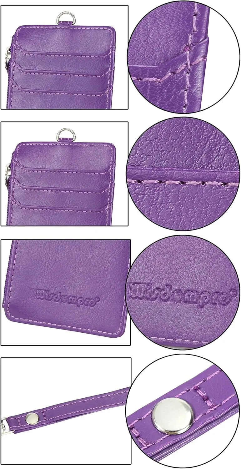 Badge Holder with Zip, Wisdompro School Supply 2-Sided Vertical PU Leather College ID Badge Holder with 1 ID Window, 4 Card Slots, 1 Side Zipper Pocket and 20 Inch Leather Neck Lanyard Strap - Purple