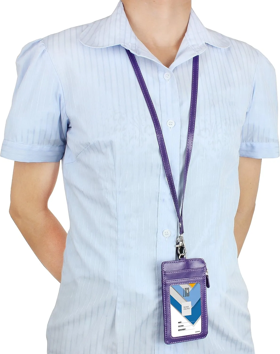Badge Holder with Zip, Wisdompro School Supply 2-Sided Vertical PU Leather College ID Badge Holder with 1 ID Window, 4 Card Slots, 1 Side Zipper Pocket and 20 Inch Leather Neck Lanyard Strap - Purple