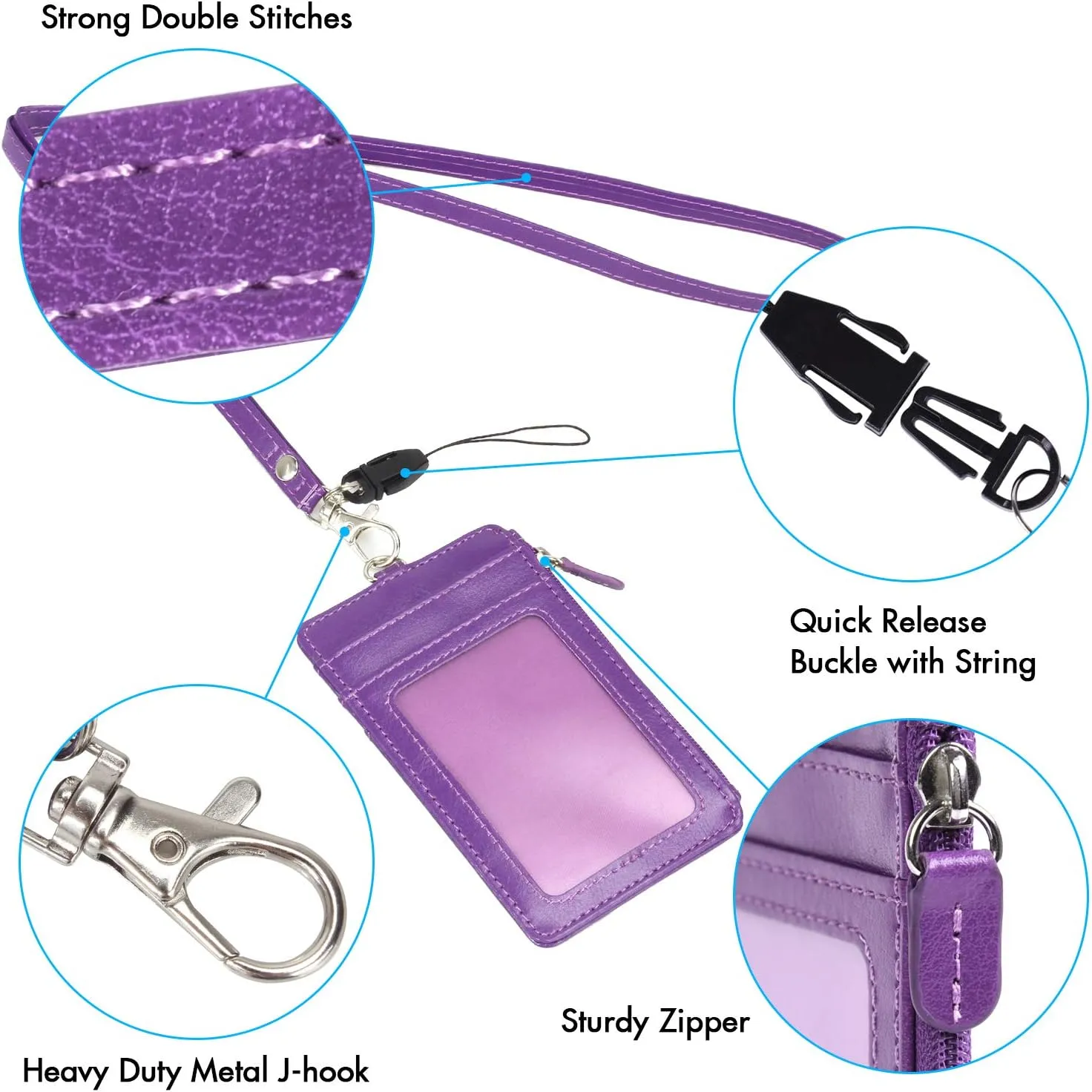 Badge Holder with Zip, Wisdompro School Supply 2-Sided Vertical PU Leather College ID Badge Holder with 1 ID Window, 4 Card Slots, 1 Side Zipper Pocket and 20 Inch Leather Neck Lanyard Strap - Purple