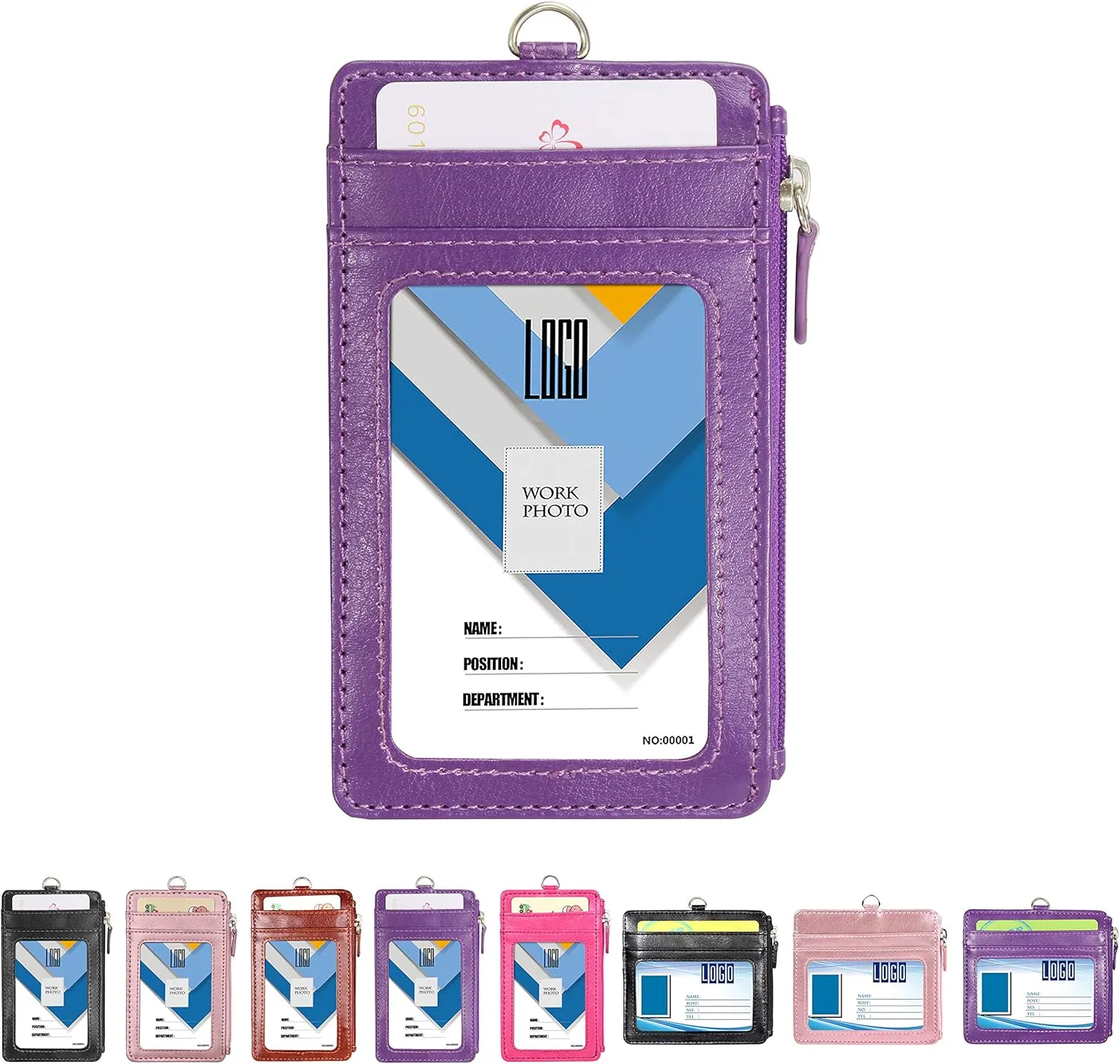 Badge Holder with Zip, Wisdompro School Supply 2-Sided Vertical PU Leather College ID Badge Holder with 1 ID Window, 4 Card Slots, 1 Side Zipper Pocket and 20 Inch Leather Neck Lanyard Strap - Purple