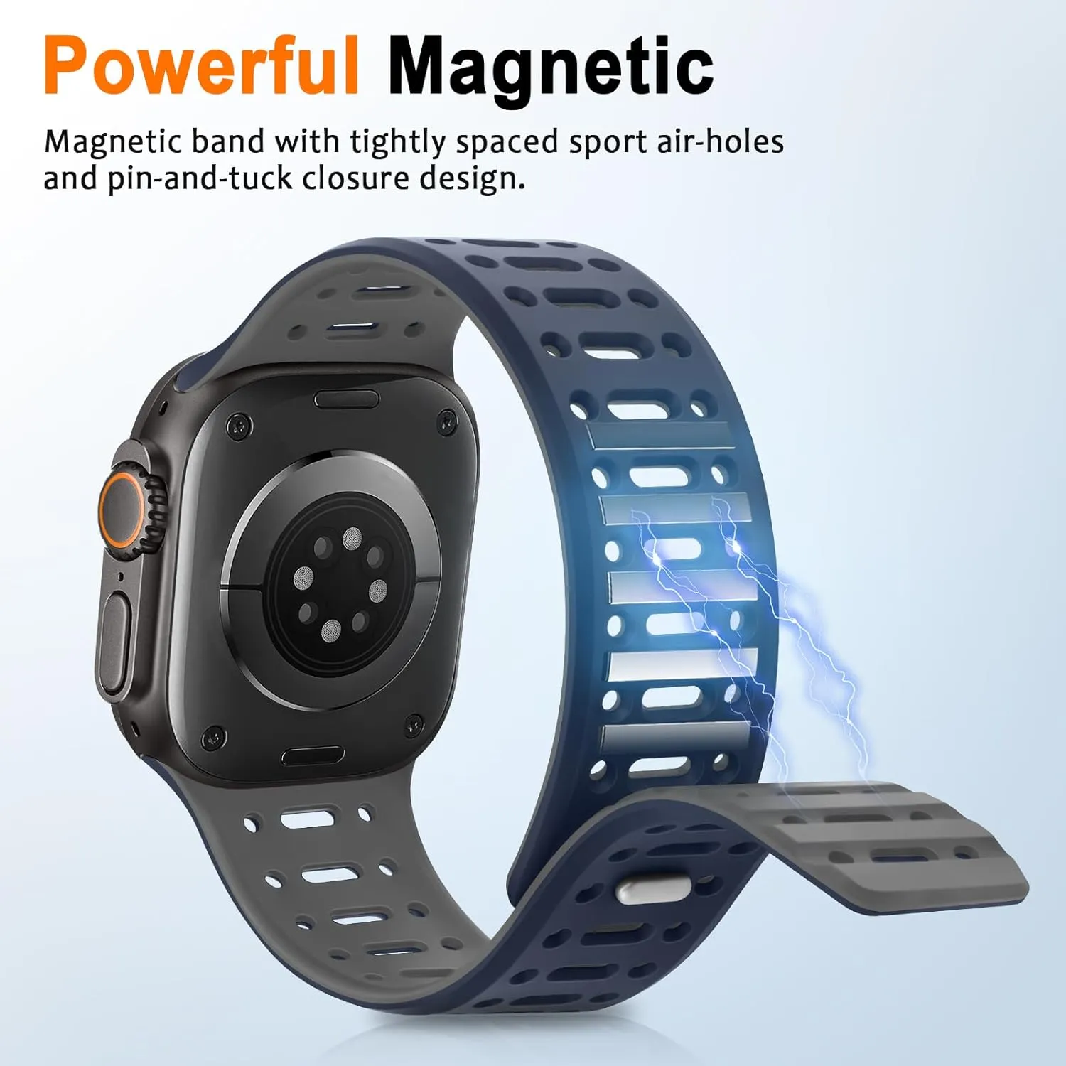 Compatible with Apple Watch Band 49mm 46mm 45mm 44mm 42mm 41mm 40mm 38mm, Magnetic Silicone Sport Breathable Strap for iWatch Ultra 2 SE Series 10 9 8 7 6 5 4 (49/46/45/44/42mm, Dark Blue/Gray)