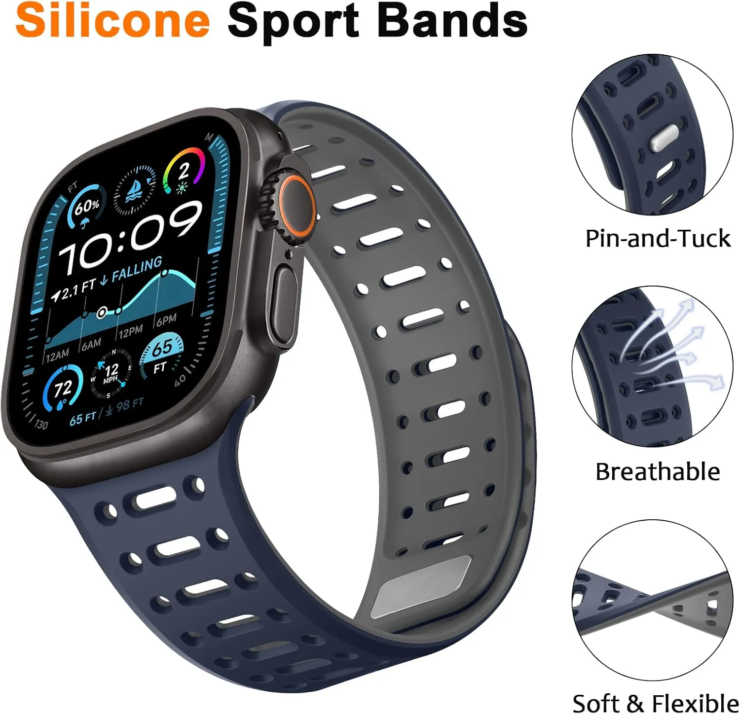 Compatible with Apple Watch Band 49mm 46mm 45mm 44mm 42mm 41mm 40mm 38mm, Magnetic Silicone Sport Breathable Strap for iWatch Ultra 2 SE Series 10 9 8 7 6 5 4 (49/46/45/44/42mm, Dark Blue/Gray)