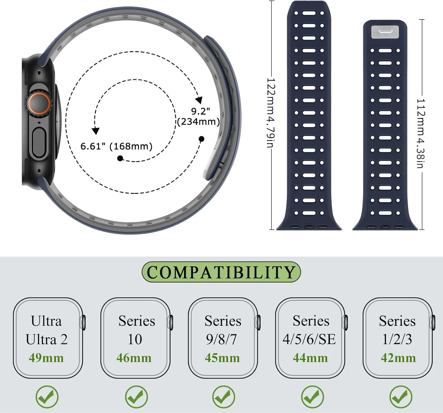 Compatible with Apple Watch Band 49mm 46mm 45mm 44mm 42mm 41mm 40mm 38mm, Magnetic Silicone Sport Breathable Strap for iWatch Ultra 2 SE Series 10 9 8 7 6 5 4 (49/46/45/44/42mm, Dark Blue/Gray)