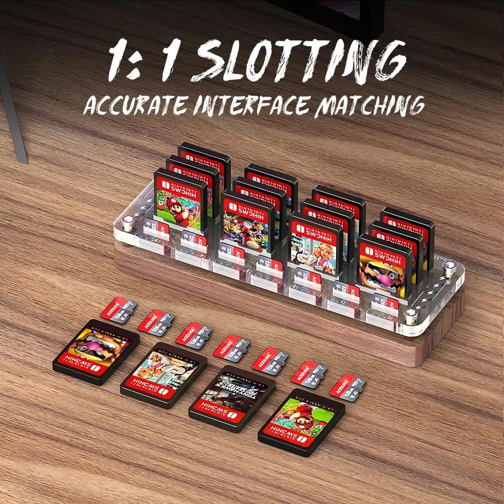 FEIFANZHE 19 Slots Switch Game Storage Wooden Case Stand for Nintendo Switch Games Card, Switch Game Card holder, Walnut Switch Storage Box, TF Card Case-F02MY-S