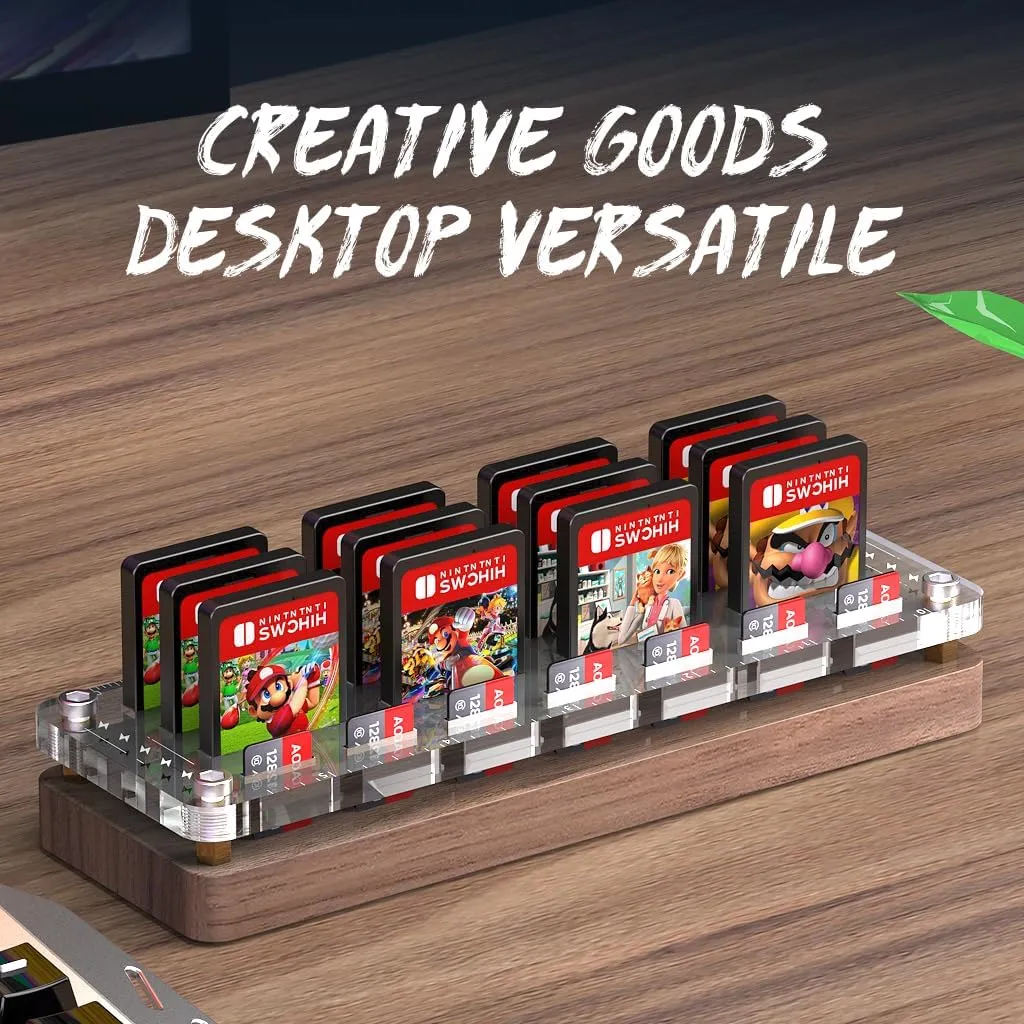 FEIFANZHE 19 Slots Switch Game Storage Wooden Case Stand for Nintendo Switch Games Card, Switch Game Card holder, Walnut Switch Storage Box, TF Card Case-F02MY-S