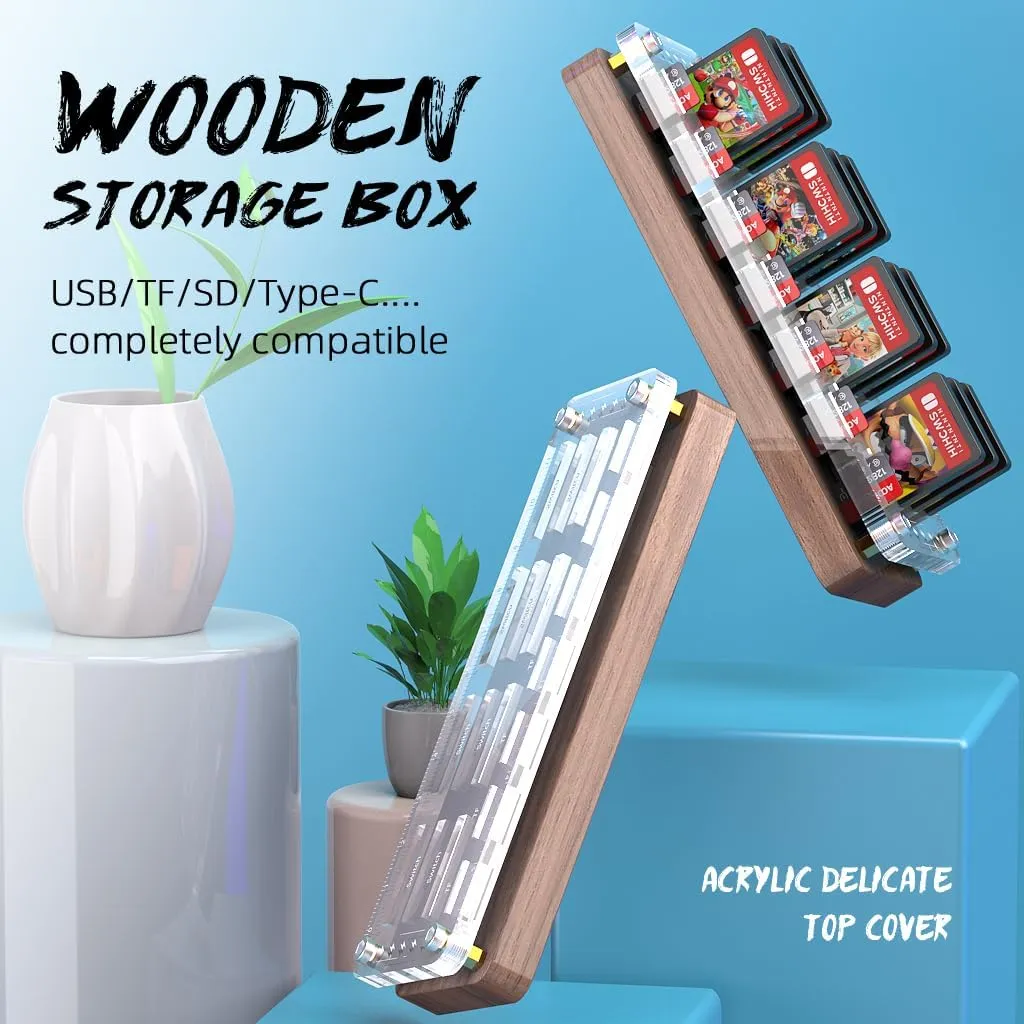 FEIFANZHE 19 Slots Switch Game Storage Wooden Case Stand for Nintendo Switch Games Card, Switch Game Card holder, Walnut Switch Storage Box, TF Card Case-F02MY-S
