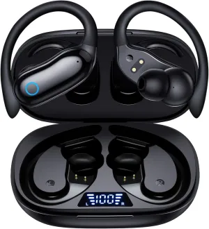 GNMN Ear Buds Wireless Earbuds 96hrs Playback Bluetooth Headphones IPX7 Waterproof Stereo Bass Over-Ear Earphones with Earhooks Microphone LED Battery Display for Sports/Workout/Gym/Running Black