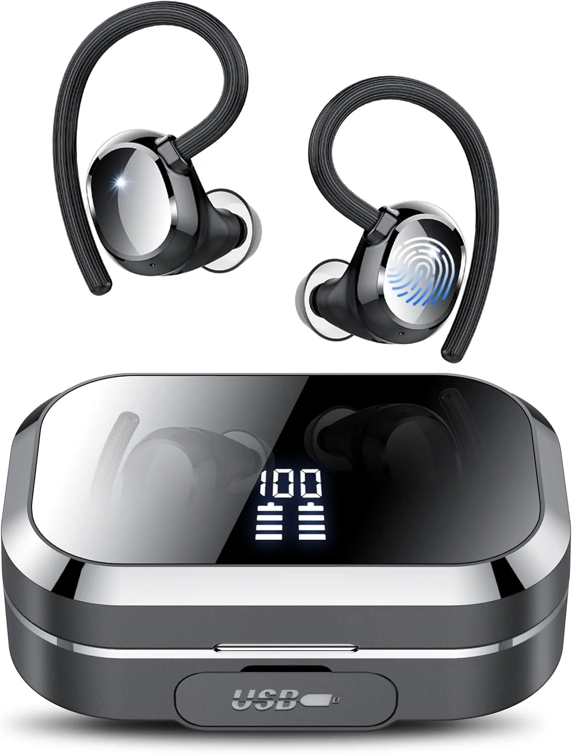 KT1 Bluetooth Headphones Wireless Earbuds 120hrs Playtime Wireless Charging Case Digital Display, Ear Buds with Earhook,IPX7 Waterproof, Deep Bass 2.0,Over-Ear Earphones for Sport Running
