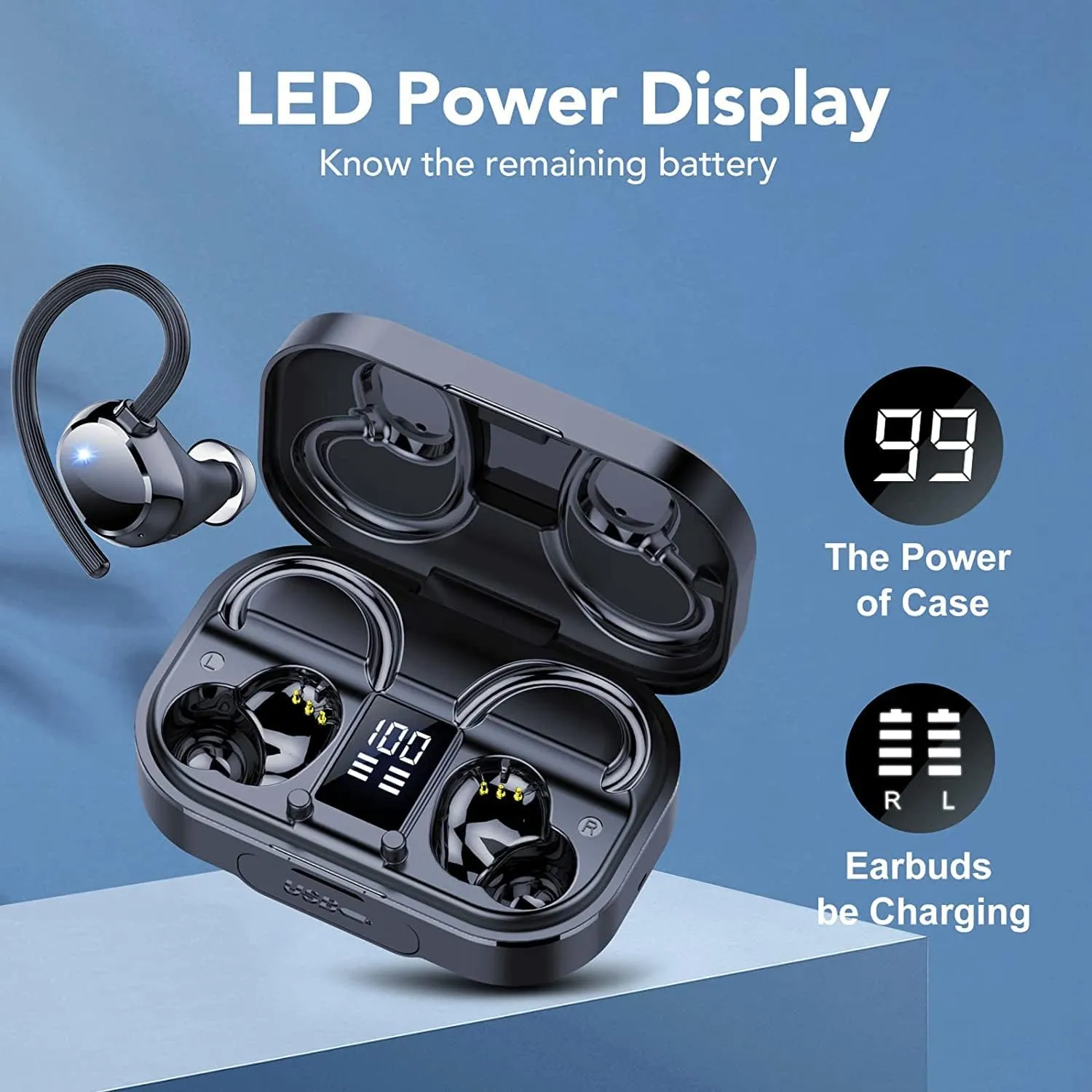 KT1 Bluetooth Headphones Wireless Earbuds 120hrs Playtime Wireless Charging Case Digital Display, Ear Buds with Earhook,IPX7 Waterproof, Deep Bass 2.0,Over-Ear Earphones for Sport Running