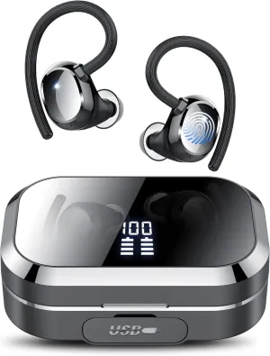KT1 Bluetooth Headphones Wireless Earbuds 120hrs Playtime Wireless Charging Case Digital Display, Ear Buds with Earhook,IPX7 Waterproof, Deep Bass 2.0,Over-Ear Earphones for Sport Running