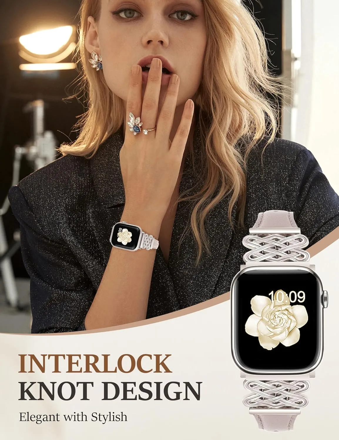 Leather Band for Women Slim Dressy Bands Compatible with Apple Watch 38mm 40mm 41mm 42mm 44mm 45mm 49mm, Designer Interlock Buckle Strap for iWatch Series 10/9/8/7/6/5/4/3/2/1/SE/Ultra