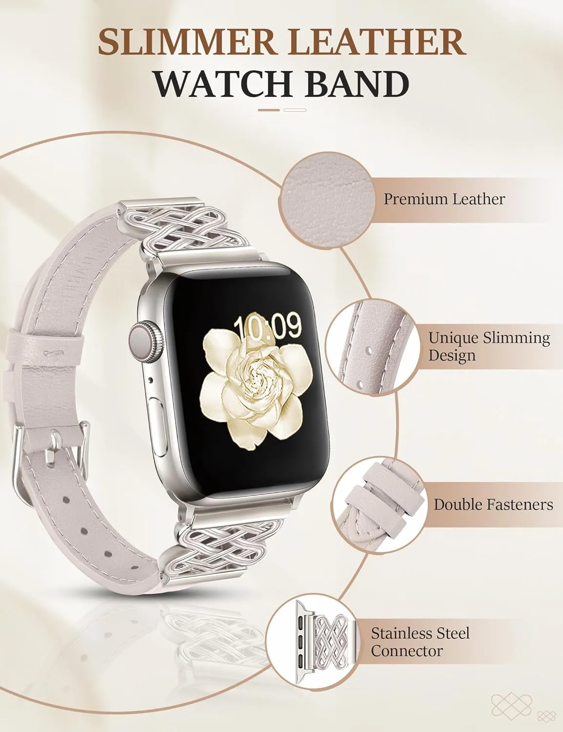Leather Band for Women Slim Dressy Bands Compatible with Apple Watch 38mm 40mm 41mm 42mm 44mm 45mm 49mm, Designer Interlock Buckle Strap for iWatch Series 10/9/8/7/6/5/4/3/2/1/SE/Ultra