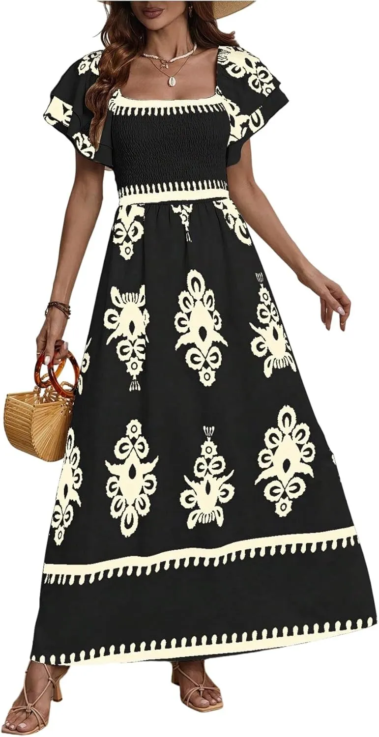 MakeMeChic Women's Floral Print Layered Short Sleeve Square Neck Ruffle High Waist A Line Summer Long Dress