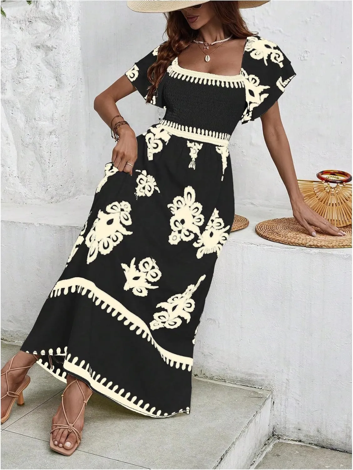 MakeMeChic Women's Floral Print Layered Short Sleeve Square Neck Ruffle High Waist A Line Summer Long Dress