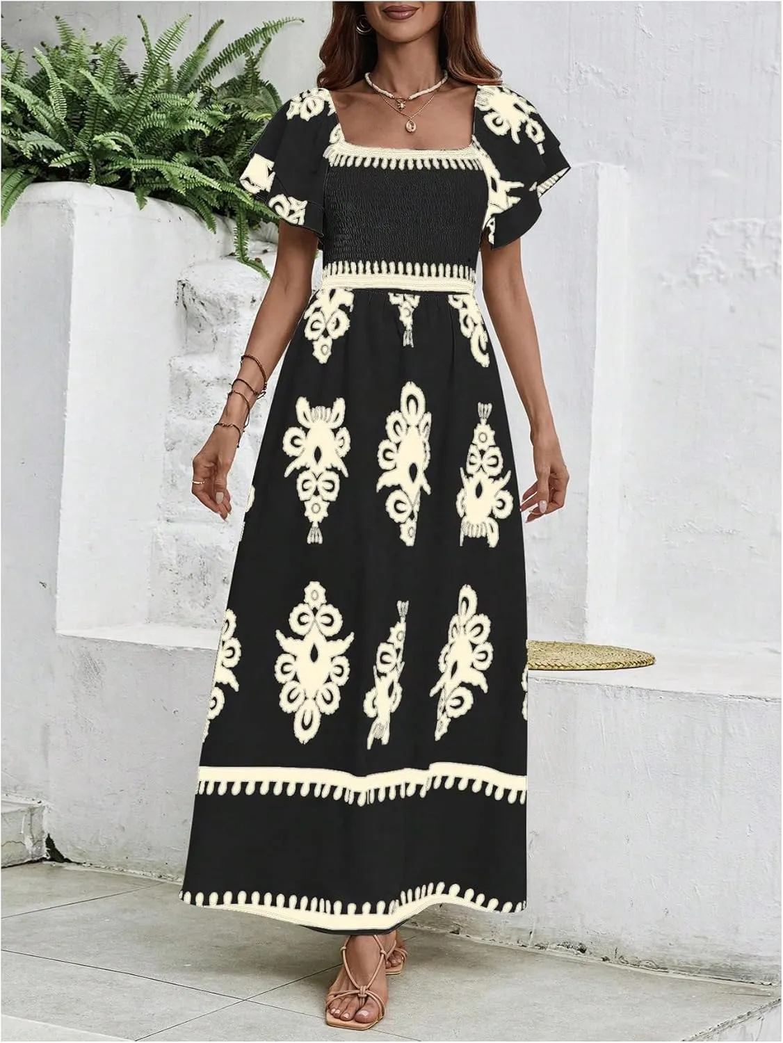MakeMeChic Women's Floral Print Layered Short Sleeve Square Neck Ruffle High Waist A Line Summer Long Dress
