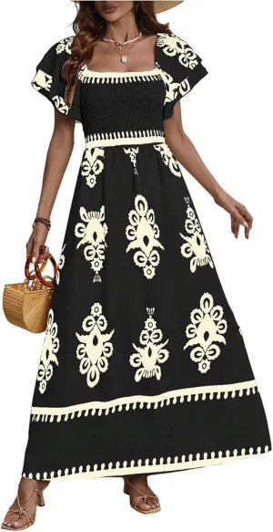 MakeMeChic Women's Floral Print Layered Short Sleeve Square Neck Ruffle High Waist A Line Summer Long Dress