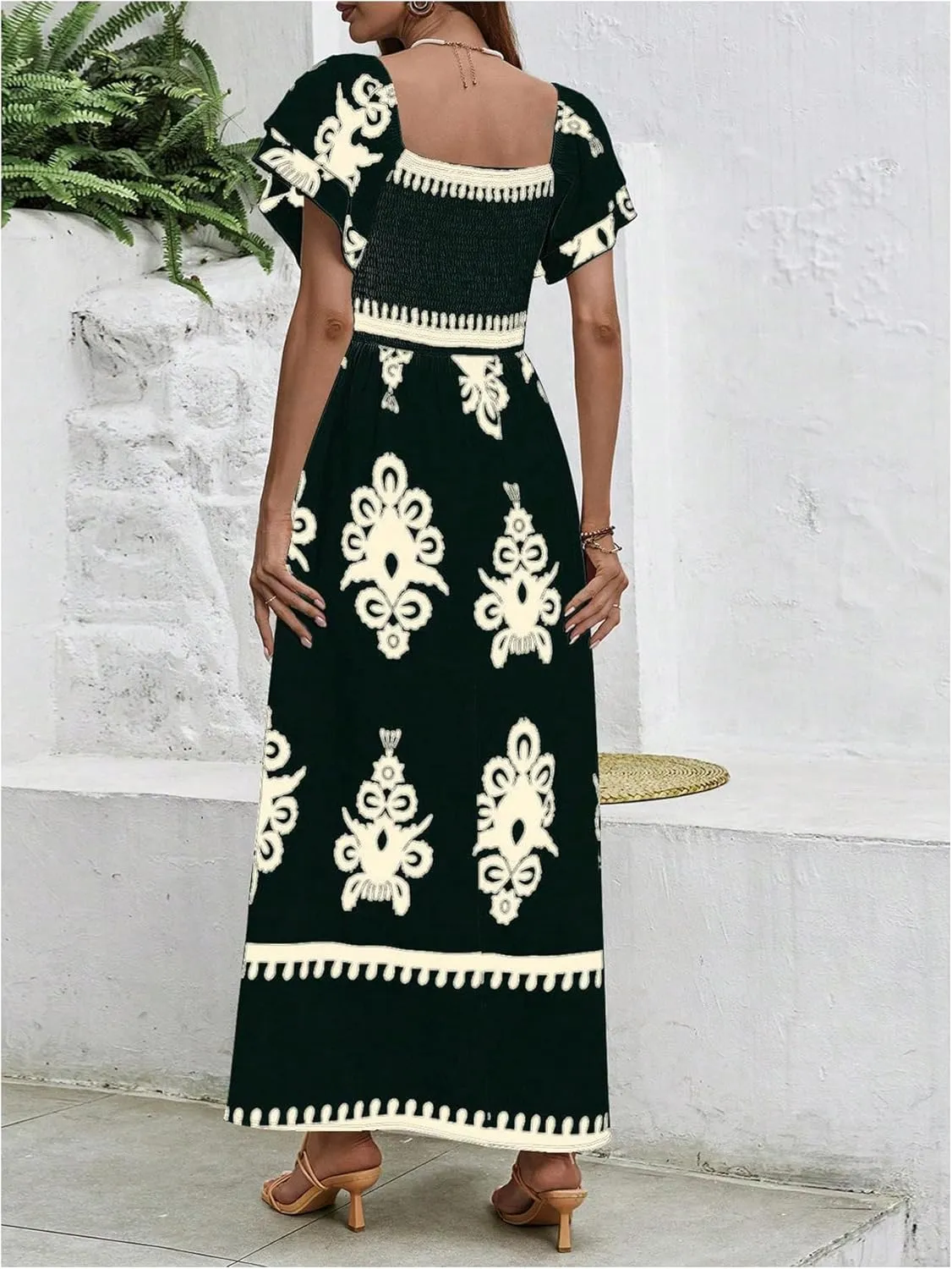 MakeMeChic Women's Floral Print Layered Short Sleeve Square Neck Ruffle High Waist A Line Summer Long Dress