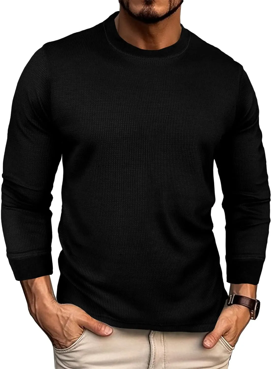 Men's Waffle Basic T-Shirt Long Sleeve Thermal Crew Neck Casual Top Underwear Lightweight Base Layer