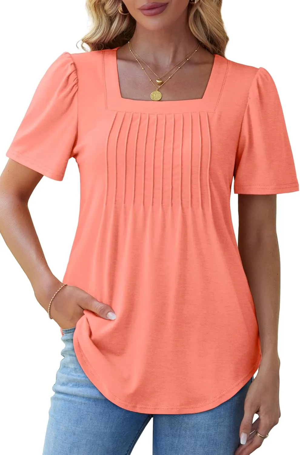 OFEEFAN T Shirts for Women Pleated Square Neck Dressy Casual Blouses Puff Short Sleeve Summer Tops Loose Fit