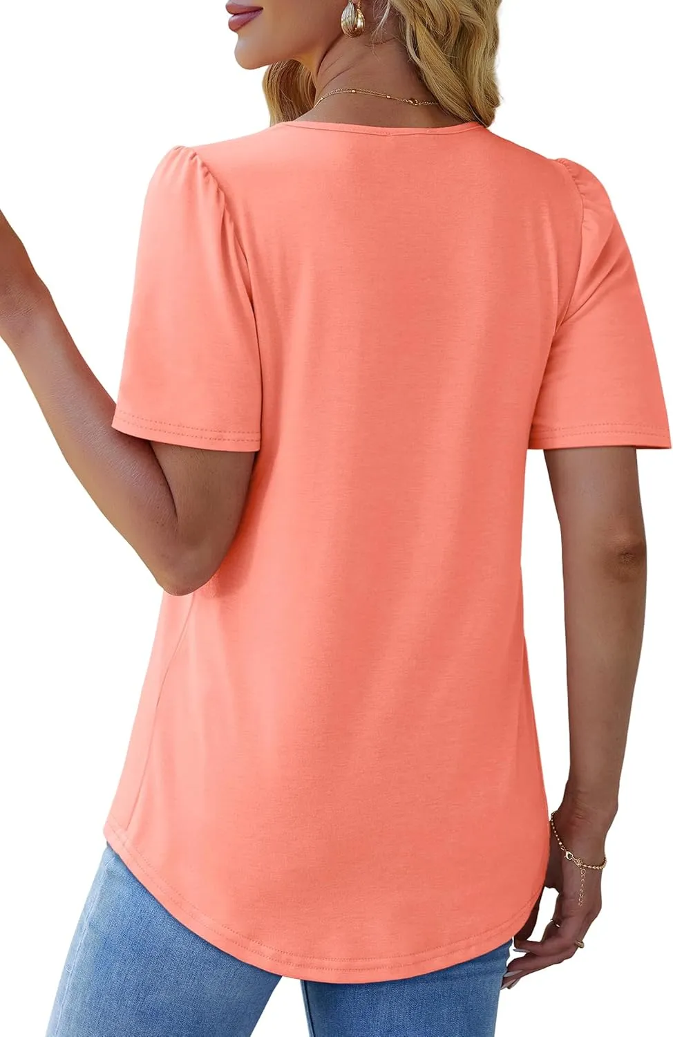 OFEEFAN T Shirts for Women Pleated Square Neck Dressy Casual Blouses Puff Short Sleeve Summer Tops Loose Fit
