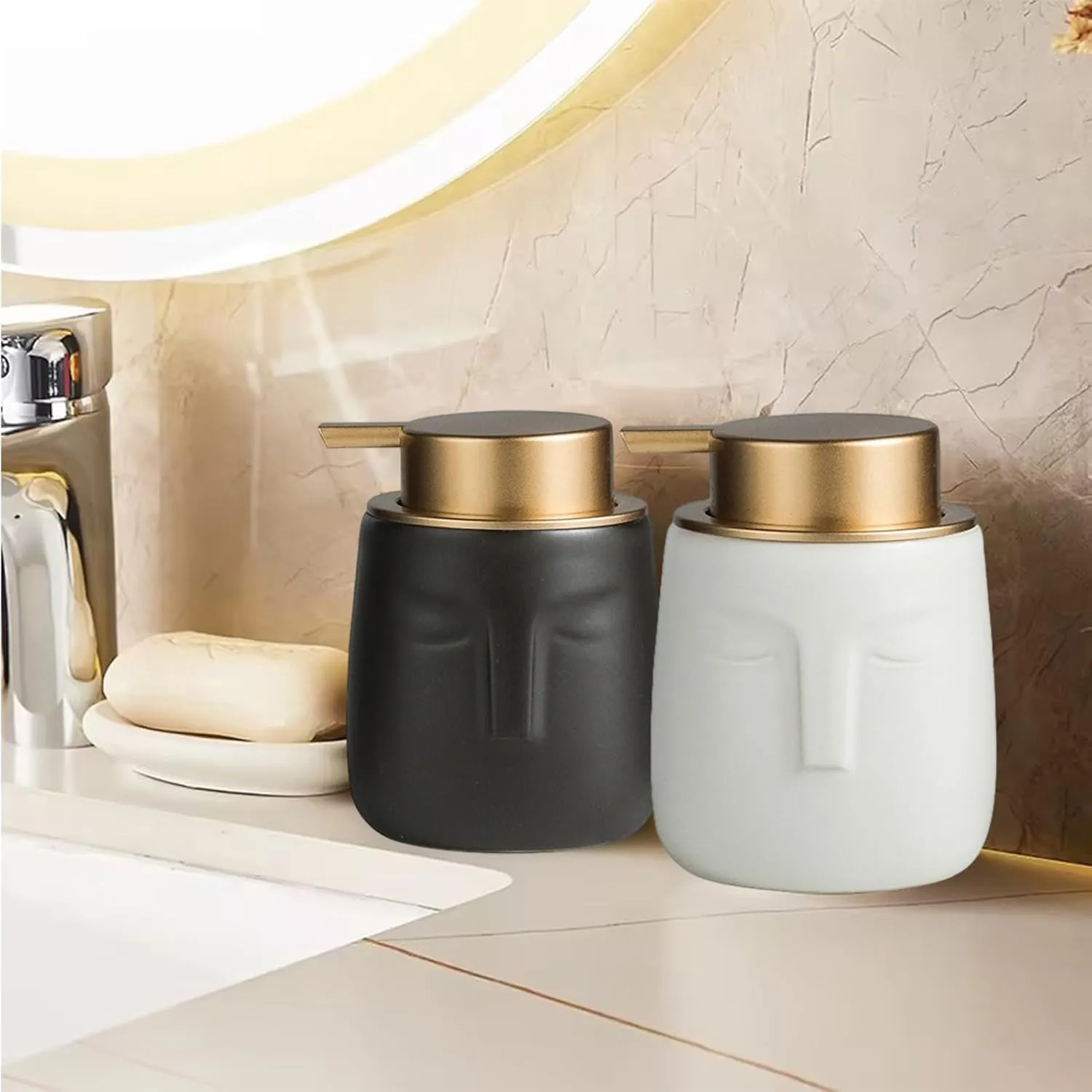 Simcat Hand Soap Dispenser Marble Dish Soap Dispenser Countertop Hand Lotion Pump Bottles Ceramic Lotion Container Refillable Liquid Hand Soap Jar Shower Dispenser (White)
