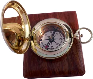 THOR INSTRUMENTS Brass Push Open Compass with Rose Wood Case, Pocket Compass for Hiking, Rustic Vintage Home Decor Gifts