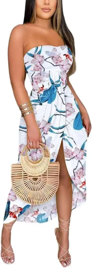 Umenlele Women's Strapless Ruched High Waist Wrap Split Asymmetrical Beach Maxi Long Dress