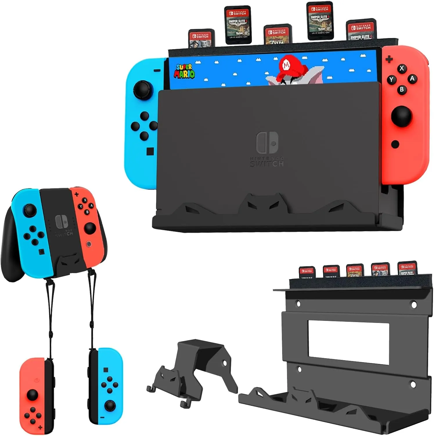 Wall Mount for Nintendo Switch/Switch OLED -Steel Switch Wall Mount Kit with 5 Game Card Holder and Joycon Controller Holder,Mounts Nintendo Switch on Wall Near TV