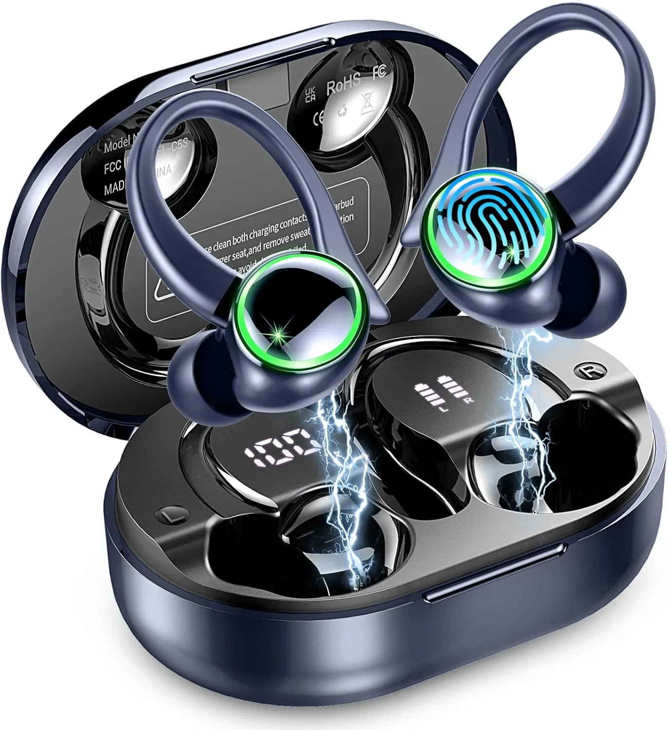 Wireless Earbuds, Bluetooth 5.4 Headphones Sports, 50H Playback Over-Ear buds with ENC Noise Cancelling Mic, Deep Bass Fitness Earphones with Earhooks, IP7 Waterproof Headset for Running Gym Workout