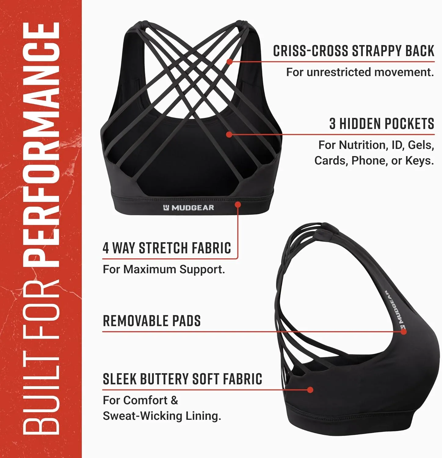 Womens High-Impact Sports Bra, Sweat-Resistant with Hidden Pockets, Wireless Criss-Cross Strappy Back & Removable Pads
